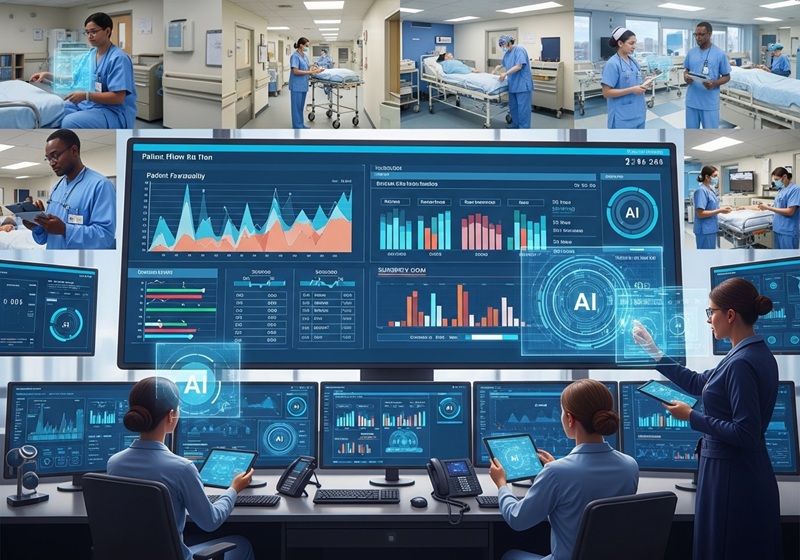 A futuristic hospital control center where staff and AI systems collaborate using digital dashboards and holographic interfaces to efficiently manage patient flow, schedules, and resources