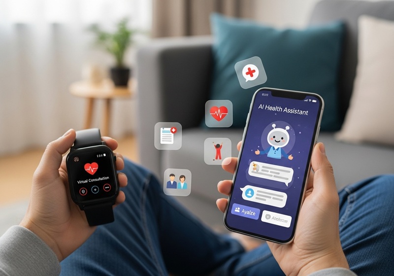 A person using a smartphone and smartwatch at home, interacting with an AI health assistant that provides real-time health insights and personalized medical support.