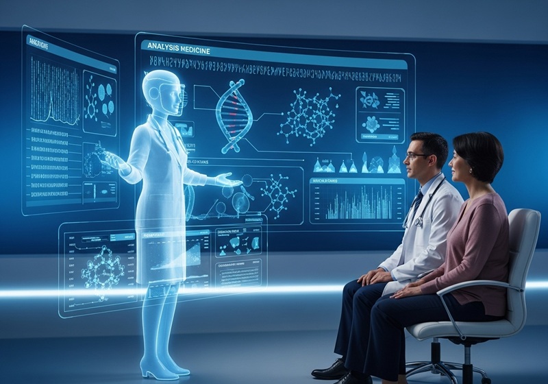 Doctor and patient viewing a personalized treatment plan with AI analyzing DNA data in a futuristic medical setting