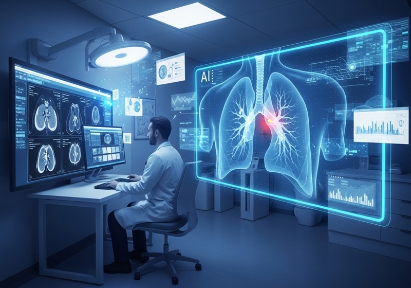 Radiologist analyzing lung scan with AI highlighting a small red nodule on a holographic display