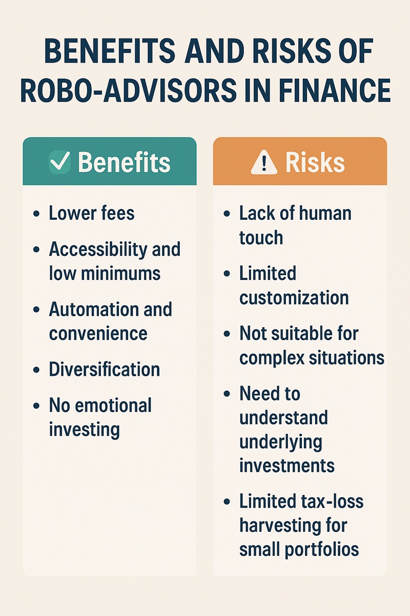 Infographic showing the benefits and risks of robo-advisors in finance, with benefits listed as lower fees, accessibility and low minimums, automation and convenience, diversification, and no emotional investing, and risks listed as lack of human touch, limited customization, not suitable for complex situations, need to understand underlying investments, and limited tax-loss harvesting for small portfolios.