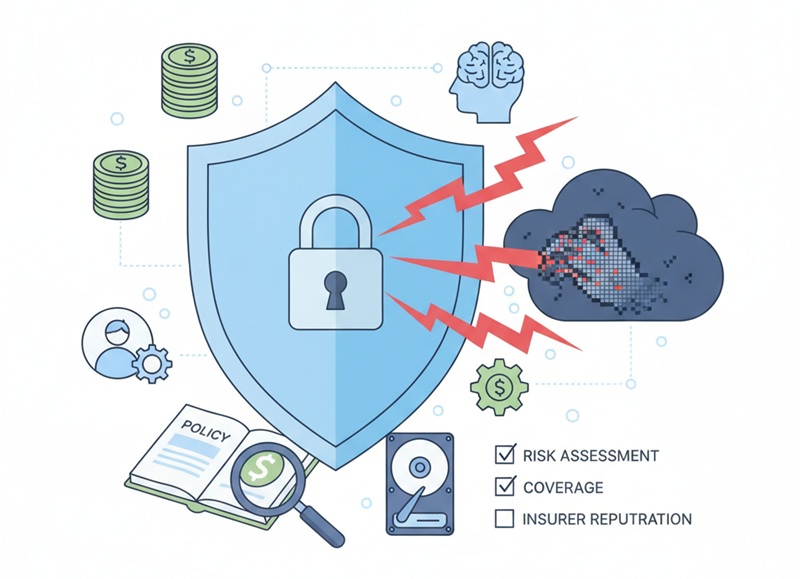 Vector illustration of cyber liability insurance concepts: a shield protecting data, financial stacks, a policy document, a magnifying glass, and a cloud representing cyber threats. Includes checklist items for risk assessment, coverage, and insurer reputation.