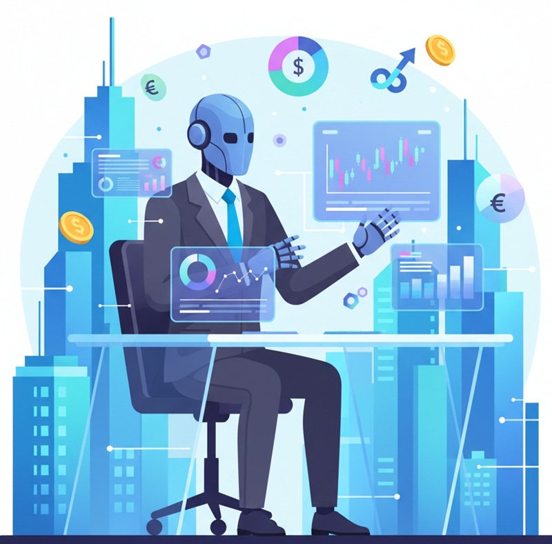 A modern vector illustration of a humanoid robot in a business suit sitting at a digital desk, interacting with holographic financial data, charts, and investment dashboards, with abstract financial icons and a futuristic city skyline in the background