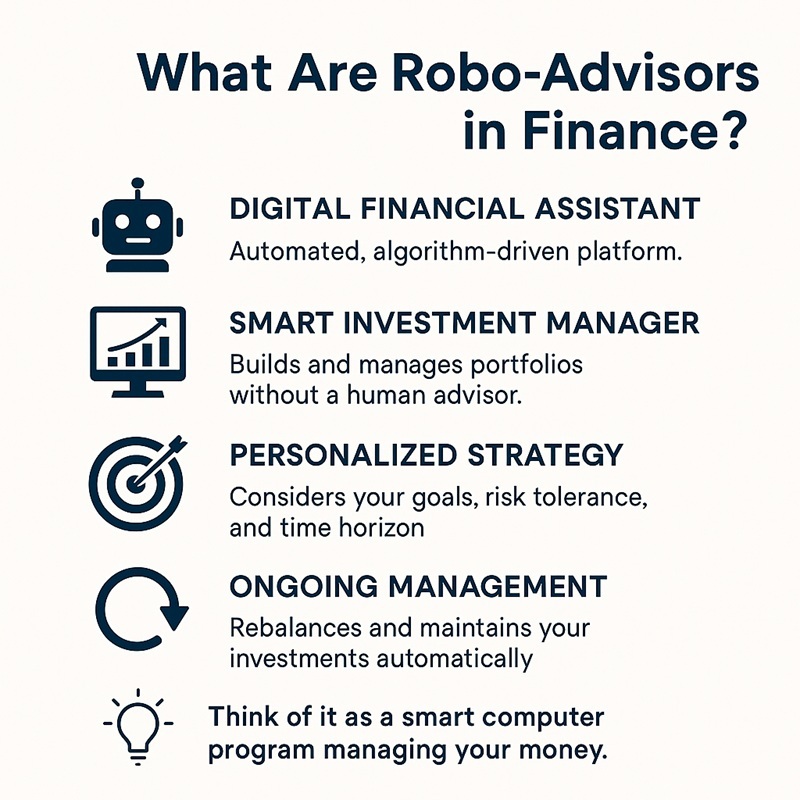Infographic explaining what robo-advisors in finance are, with icons and text showing digital financial assistant, smart investment manager, personalized strategy, and ongoing management